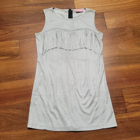 Grey Mini Dress Chest Fringe Festival Sleeveless Exposed Zipper Boho Hippie - Picture 2 of 15